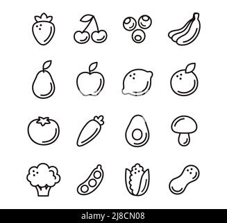 Cartoon handgezeichnete Doodle Stil Obst und Gemüse-Symbole. Schwarz-weiße Linienkunst. Niedliche einfache Piktogramme, Vektor-Illustrationsset. Stock Vektor