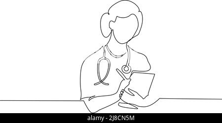 Fortlaufende einzeilige Zeichnung. Ärztin Frau in medizinischer Uniform und mit Stethoskop. Vektorgrafik Stock Vektor