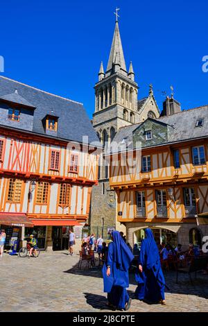 Frankreich, Morbihan, Golf von Morbihan, Vannes, Fachwerkhäuser auf dem Place Henri IV und der Kathedrale Stockfoto