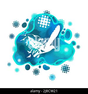 Abstraktes Design des Ozean-Logos mit Wellen und Möwen. Vektorgrafik Stock Vektor