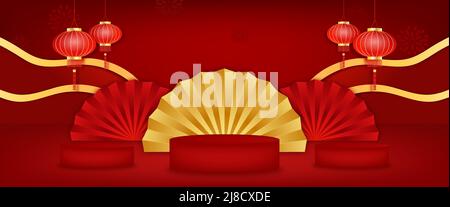 Banner Happy chinese New year with composition leerer Zylinder Podium for product Cosmetic & abstract background asia Element of Vector. Stock Vektor