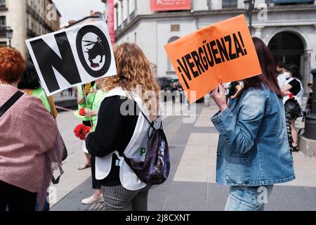 Demonstranten halten Plakate, die ihre Meinung während der Anti-Stierkampf-Kundgebung ausdrücken, um das Verbot von Stierkämpfen bei den San Isidro-Feierlichkeiten in Madrid zu fordern. (Foto von Atilano Garcia / SOPA Images/Sipa USA) Stockfoto