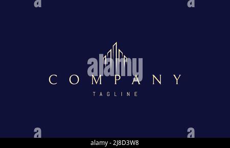 Vektor goldenes Logo, auf dem ein abstraktes Bild der Wolkenkratzer der Stadt in einem minimalistischen Stil. Stock Vektor