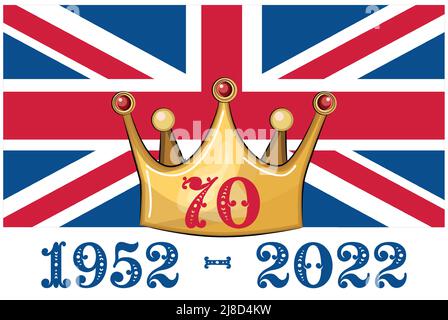 Das Platin-Jubilee-Crown-Festplakat der Königin Elizabeth mit dem Union Jack im Hintergrund, 70. Anniversary Reign since 1952 Stock Vektor