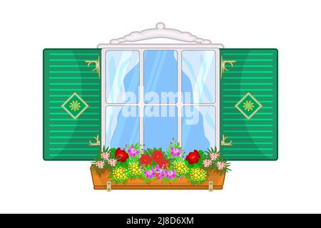 Fenster mit Fensterläden und Blumen.Vintage Holzfenster mit hängenden Blumengarten.Fenster mit Vorhängen und blühenden Blüten. Hausfassade mit Pflanzen Stock Vektor