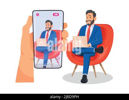 Mann streamt ein Live-Video vom Smartphone oder streamt es. Übertragen Sie Live-Videovorträge oder informative Webinare. Stock Vektor