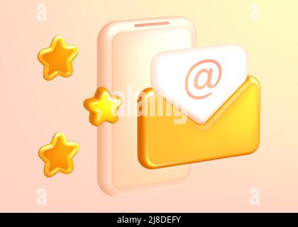 Newsletter abonnieren 3D Vector Render. E-Mail-Umschlagsymbol mit neuer Nachricht auf dem Smartphone öffnen. Handy mit Brief. Mail-Service, Social-Network-Konzept für Online-Marketing oder Business Stock Vektor