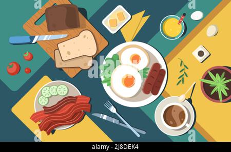 Teller mit Blick von oben auf das Essen, flacher Tisch mit Mahlzeit. Traditionelles englisches Frühstück mit Spiegeleiern, Würstchen, Speck, Tomaten, Toast und Getränken. Amerikanischer Brunch mit Fleisch, Brot, Orangensaft, Kaffee Stock Vektor