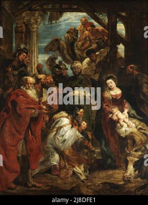 Die Anbetung der Könige von Rubens. In diesem christlichen Mythos kommen drei Weise Männer oder Könige, um den neugeborenen jesus zu besuchen und ihn als den messias und Sohn gottes anzuerkennen. Stockfoto