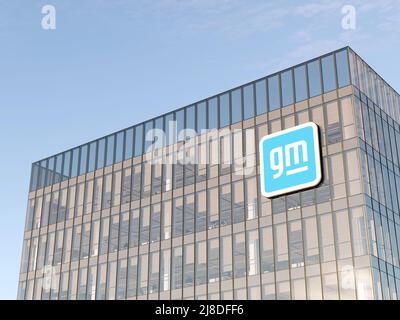 Detroit, MI, USA. 2.Mai 2022. Nur zur redaktionellen Verwendung, 3D CGI. Schilder von General Motors Company auf dem Glasgebäude. Automobilhersteller in Hi Stockfoto