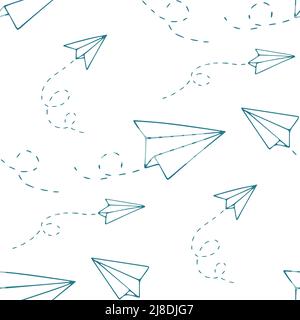 Nahtloses Muster mit einem Papierflugzeug. Handgezeichnete Doodle-Vektorgrafik Stock Vektor