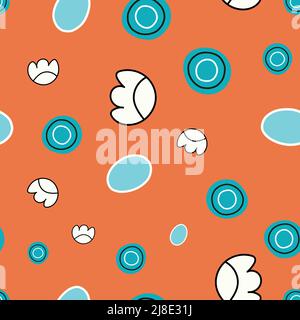 Handgezeichneter abstrakter ornamentaler Hintergrund. Blaue und weiße Formen auf orangefarbenem Hintergrund. Stock Vektor