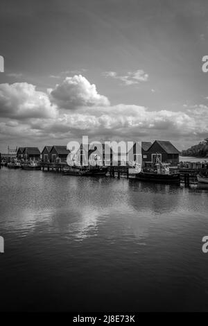 Der Hafen der Weißen Wiek von Boltenhagen an der Ostsee in schwarz-weiß Stockfoto