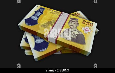 Brunei Dollar Geldpaket 3D Abbildung. BND-Banknotenbündelstapel. Konzept von Finanzen, Bargeld, Wirtschaftskrise, Unternehmenserfolg, Rezession, bank, Steuern Stockfoto