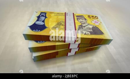 Brunei Dollar Geldpaket 3D Abbildung. BND-Banknotenbündelstapel. Konzept von Finanzen, Bargeld, Wirtschaftskrise, Unternehmenserfolg, Rezession, bank, Steuern Stockfoto