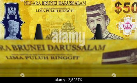 Brunei Dollar Geldpaket 3D Abbildung. BND-Banknotenbündelstapel. Konzept von Finanzen, Bargeld, Wirtschaftskrise, Unternehmenserfolg, Rezession, bank, Steuern Stockfoto