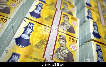 Brunei Dollar Geldpaket 3D Abbildung. BND-Banknotenbündelstapel. Konzept von Finanzen, Bargeld, Wirtschaftskrise, Unternehmenserfolg, Rezession, bank, Steuern Stockfoto