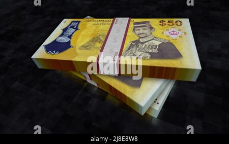 Brunei Dollar Geldpaket 3D Abbildung. BND-Banknotenbündelstapel. Konzept von Finanzen, Bargeld, Wirtschaftskrise, Unternehmenserfolg, Rezession, bank, Steuern Stockfoto