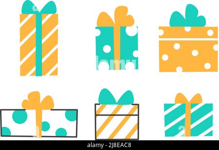 Geschenkbox flache Linie Symbole auf weißem Hintergrund gesetzt. Stock Vektor