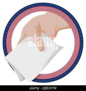 Runder Rahmen mit Stern- und Streifenmuster und Hand mit eingeklapptem Knopf im Inneren für die amerikanischen Wahlen. Stock Vektor