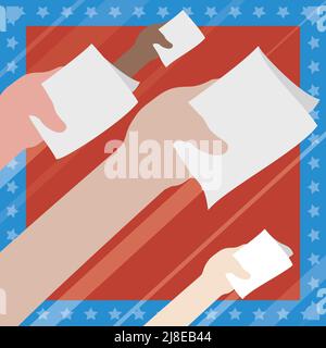 Rahmen mit Sternen und roter Mitte, Hände mit gefalteten Stimmen bereit zum Wahlrecht Stock Vektor