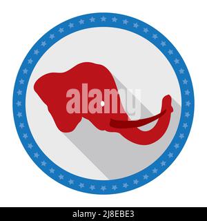 Blauer runder Rahmen mit Sternenmuster und roter Elefantengesicht Silhouette darin. Design in flachem Stil und langem Schatten. Stock Vektor