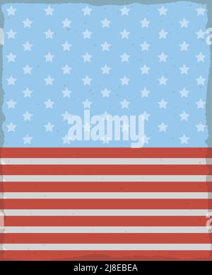 Retro-Vorlage, die der Flagge der USA ähnelt, mit Sternen auf blauem Hintergrund und roten und weißen Streifen, die mit erodiertem Rahmen bedeckt sind. Stock Vektor