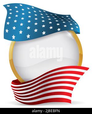 Leere Knopfschablone mit goldenem Rahmen und Webstoffen wie American Flag, die sie umhüllen. Stock Vektor