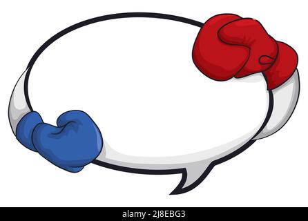 Konzeptuelle Sprechblasenvorlage, die mit Boxhandschuhen, einem roten und einem blauen, verziert ist. Design im Cartoon-Stil und Konturen. Stock Vektor