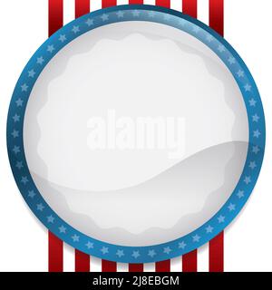 Patriotische Schablone mit Darstellung der U.S.A.-Flagge: Glänzender Knopf mit blauem Sternenrahmen, über rotem Etikett mit weißen Streifen. Stock Vektor