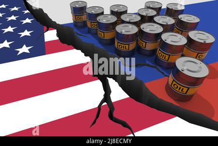 Ölfässer auf dem Hintergrund der Flaggen Russlands und der USA. Weltweite Finanzsanktionen gegen russisches Öl und Gas wegen der Invasion der Ukraine. Conflic Stockfoto