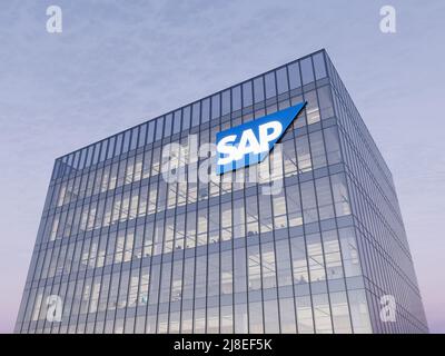 Walldorf, Deutschland. 2.Mai 2022. Nur zur redaktionellen Verwendung, 3D CGI. SAP Technology Signage-Logo auf dem Glasgebäude. Arbeitsplatz Software Firma Büro He Stockfoto