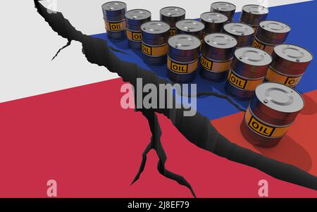 Ölfässer auf dem Hintergrund der Flaggen Russlands und Polens. Weltweite Finanzsanktionen gegen russisches Öl und Gas wegen der Invasion der Ukraine. Konf Stockfoto