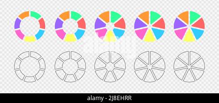 Donut-Diagramme, die in 7 mehrfarbige und grafische Segmente unterteilt sind. Infografik-Radsatz. Runde Diagramme oder Ladebäken in sieben gleiche Teile geschnitten. Vektorgrafik flach und Umrissdarstellung. Stock Vektor