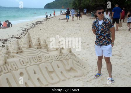 Sand Castle am Puka Shell Beach, Boracay, den Visayas, den Philippinen, Südostasien. Stockfoto