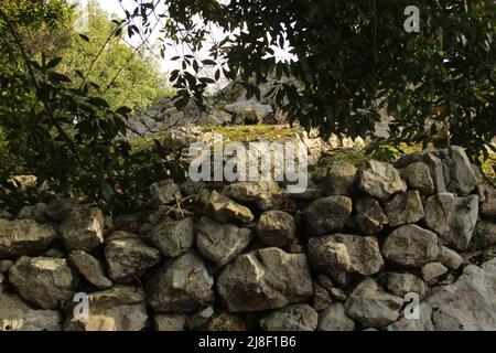 Steinmauern und Details des Jakobswegs (Jakobsweg, Spanien) Stockfoto