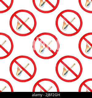 Aquarell-Illustrationsmuster eines brennenden Streichens in einem roten Kreis, durchgestrichen. Verbotsschild für rote Flamme. Es ist verboten, Feuer zu machen. Isol Stockfoto