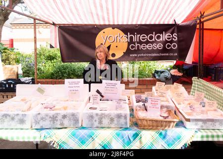 Eine Frau Stall Inhaber in einem UK Bauernmarkt serviert eine Auswahl an Käse auf einem Bauernhof in Yorkshire Dales Stockfoto