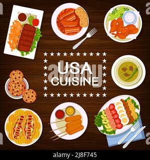 USA Cuisine Fast-Food-Mahlzeiten, Restaurant-Gerichte. Cobb-Salat, Kekse mit Schokoladentropfen und Maishunden, Grillhähnchen, gegrillte Rippchen und Hot Dogs, marinierte Oliven mit Chili, Bohnen mit Speckvektor Stock Vektor