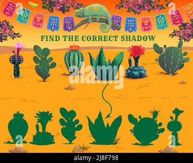 Finden Sie richtigen Schatten der mexikanischen Kaktus Sukkulente in der Wüste, Vektor Kinder Spiel Arbeitsblatt. Finden Sie ähnliche Silhouette Rätsel oder Puzzle-Spiel mit mexikanischen Kaktuspflanzen Agave oder opuntia und Chamäleon Stock Vektor