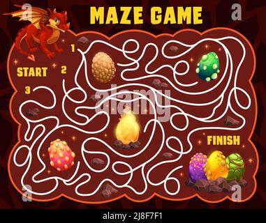 Labyrinth Labyrinth Labyrinth Rätsel mit Cartoon-Dinosaurier oder Drachen und Eier in der Höhle. Vektorspiel, Puzzle oder Quiz Arbeitsblatt Vorlage. Hilf dem Drachen, den Weg zu Eiern mit einem Hintergrund aus braunen Höhlensteinen zu finden Stock Vektor