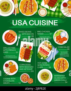 USA Cuisine Restaurant Fleischgerichte Menüseite. Gebackene Bohnen mit Speck, gegrillte Rippchen und Maishunde, Kekse mit Schokoladentropfen, BBQ-Hühnchen- und cobb-Salat, Hot Dogs, marinierte Oliven mit Chili-Vektor Stock Vektor