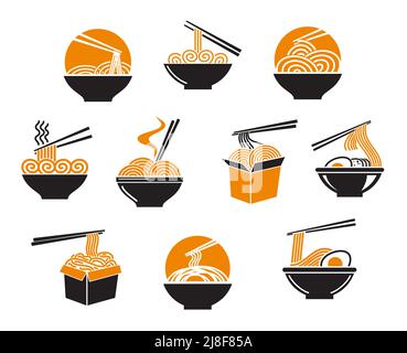 Asiatische Ramen-Schale und Schachtel Nudelsuppe, Vektornahrung für chinesische oder japanische und koreanische Restaurants. Essstäbchen und eine Schüssel mit udon- oder Ramen-Nudeln symbolischen für die asiatische Küche Wok Gerichte Menü Stock Vektor