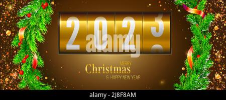 Goldene Countdown-Uhr mit Zahlen 2023. Neujahr Banner mit Weihnachtsdekoration. Stock Vektor