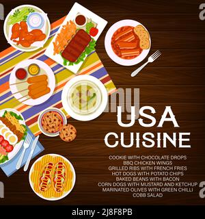 USA Food Mahlzeiten, Gerichte Menü decken. Gegrillte Rippchen mit pommes frites, gebackene Bohnen mit Speck und Hot Dogs mit Pommes frites, marinierte Oliven mit Chili, Maishunde und cobb-Salat, BBQ-Huhn, Kekse Vektor Stock Vektor