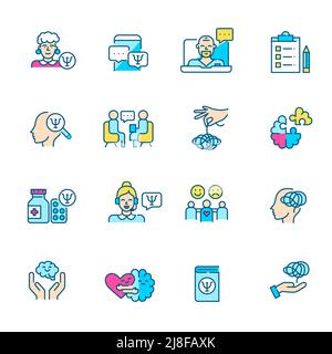 Farbenfrohe Symbole für psychische Gesundheit und Psychotherapie. Pixel-perfektes, bearbeitbares Strichliniensymbol Stock Vektor