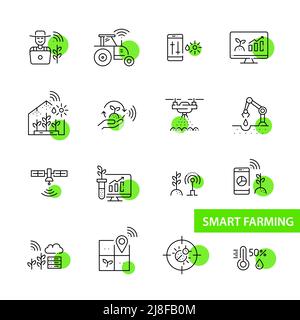 Symbole für Smart Farming eingestellt. Pixel-perfekte, bearbeitbare Kontursymbole Stock Vektor