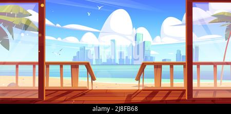 Hölzerne Veranda des Hauses am Meeresstrand mit Palmen und Stadt an der Skyline. Vektor-Cartoon-Illustration der tropischen Sommerlandschaft und Bungalow oder Hütte Terrasse mit Treppe und Balustrade Stock Vektor