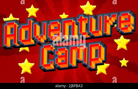 Adventure Camp. Verpixeltes Wort mit geometrischem grafischem Hintergrund. Vektorgrafik Cartoon-Illustration. Stock Vektor