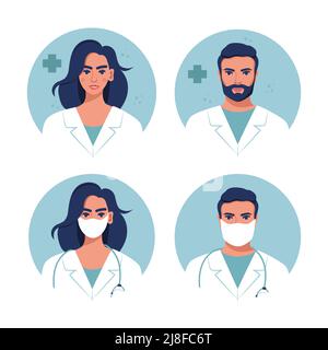 Medizin flache Avatare mit männlichen und weiblichen Ärzten. Team der medizinischen Klinik. Runde Symbole medizinische Sammlung, Vektor-Illustration Stock Vektor